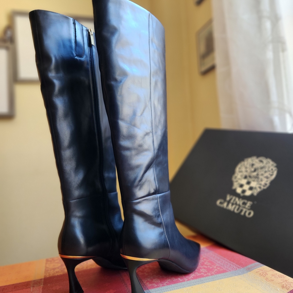 Vince Camuto Black Leather Knee High Boots with Gold Heel accent